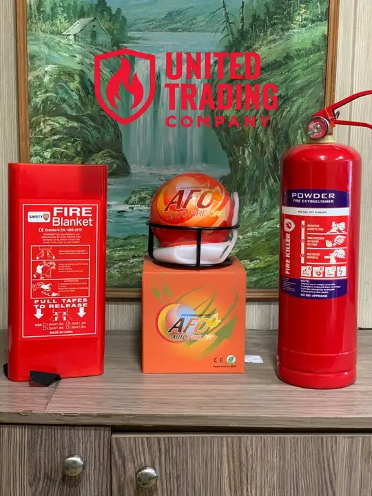 Fire blanket in Karachi from United Trading Company, shown with a fire ball and a dry powder fire extinguisher
